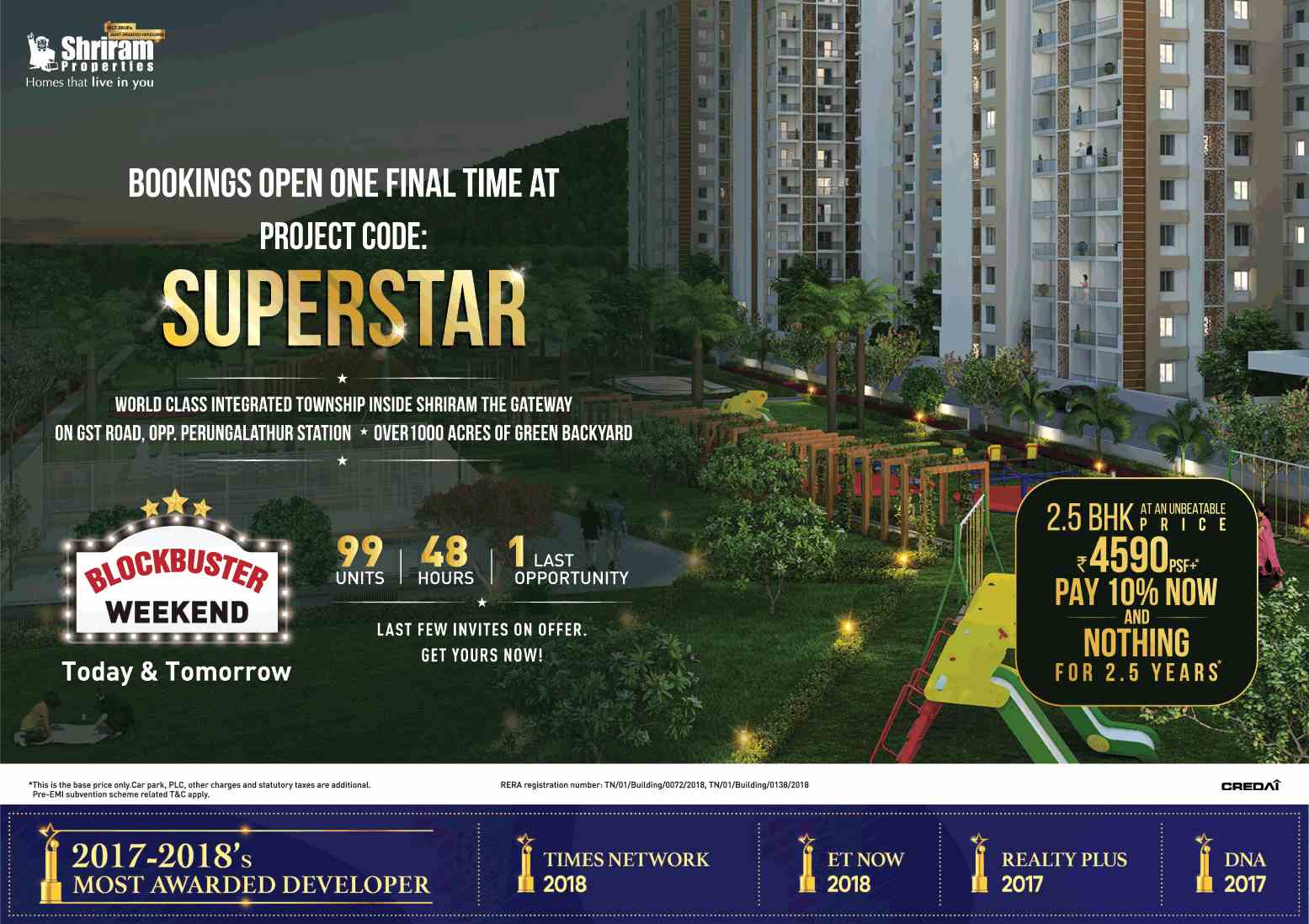 Pay 10% now and nothing for 2.5 years at Shriram Code Superstar in Chennai Update